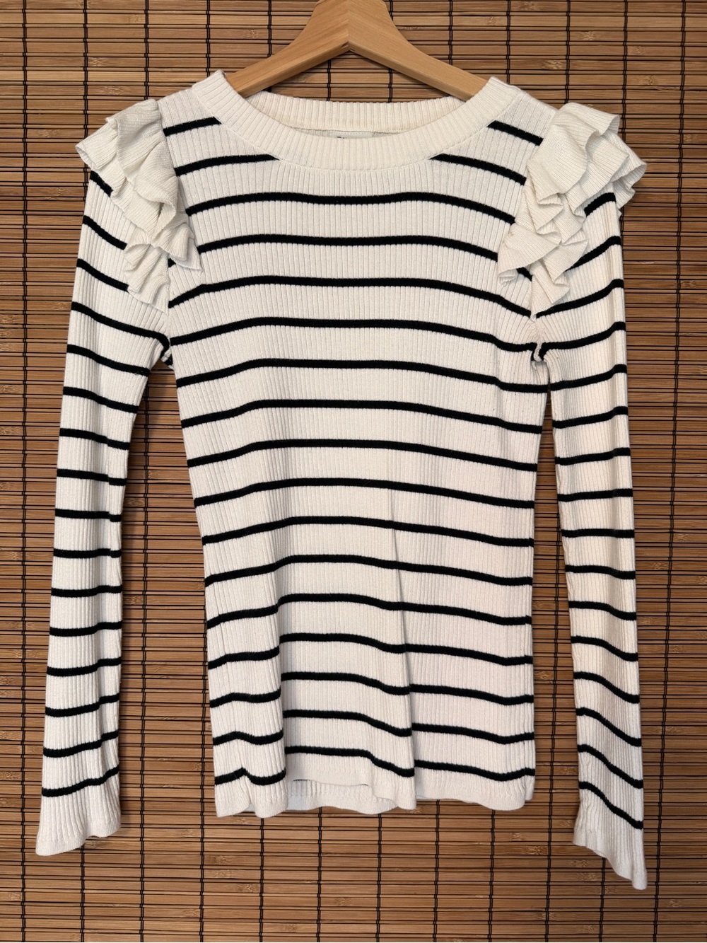 STYLUS White & Black Striped Ruffle Shoulder Long-Sleeve Top